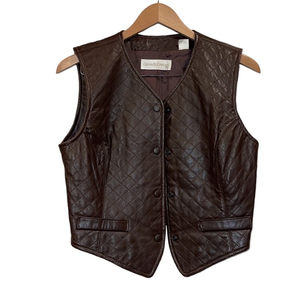 Vintage Jackets & Blazers - dana buchman brown leather quilted vest